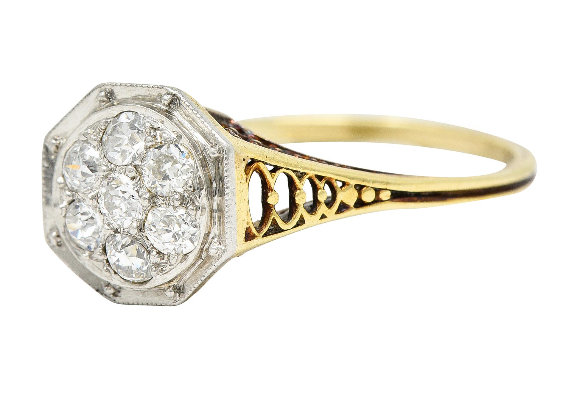 Edwardian 0.30 Carat Diamond Platinum-Topped 18 Karat Gold Octagonal Ring 2