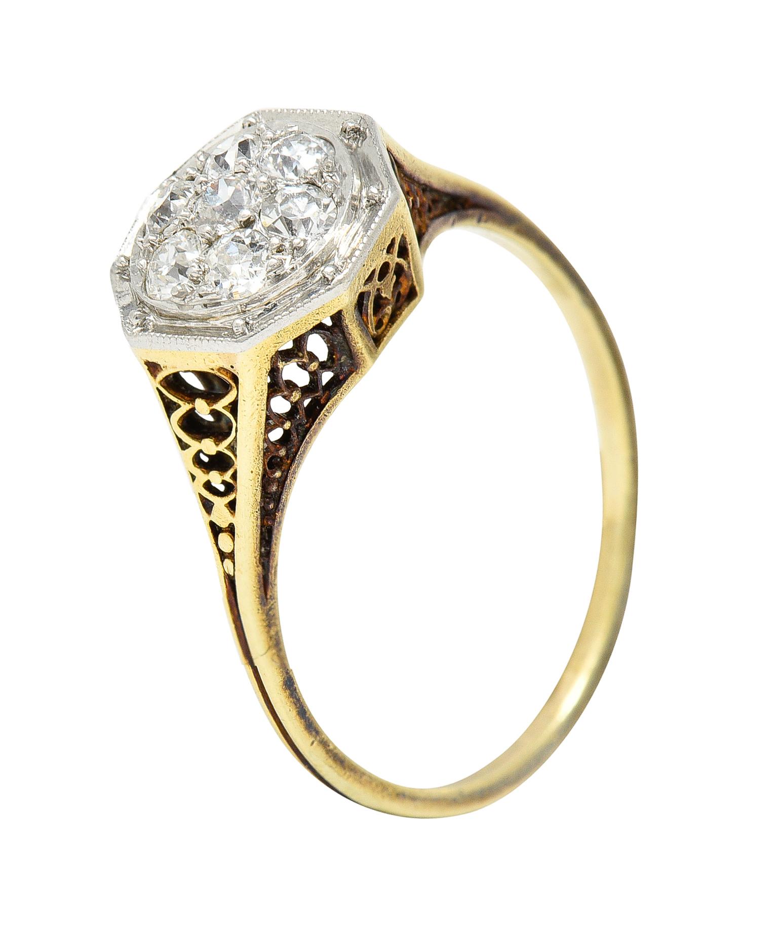 Edwardian 0.30 Carat Diamond Platinum-Topped 18 Karat Gold Octagonal Ring 3