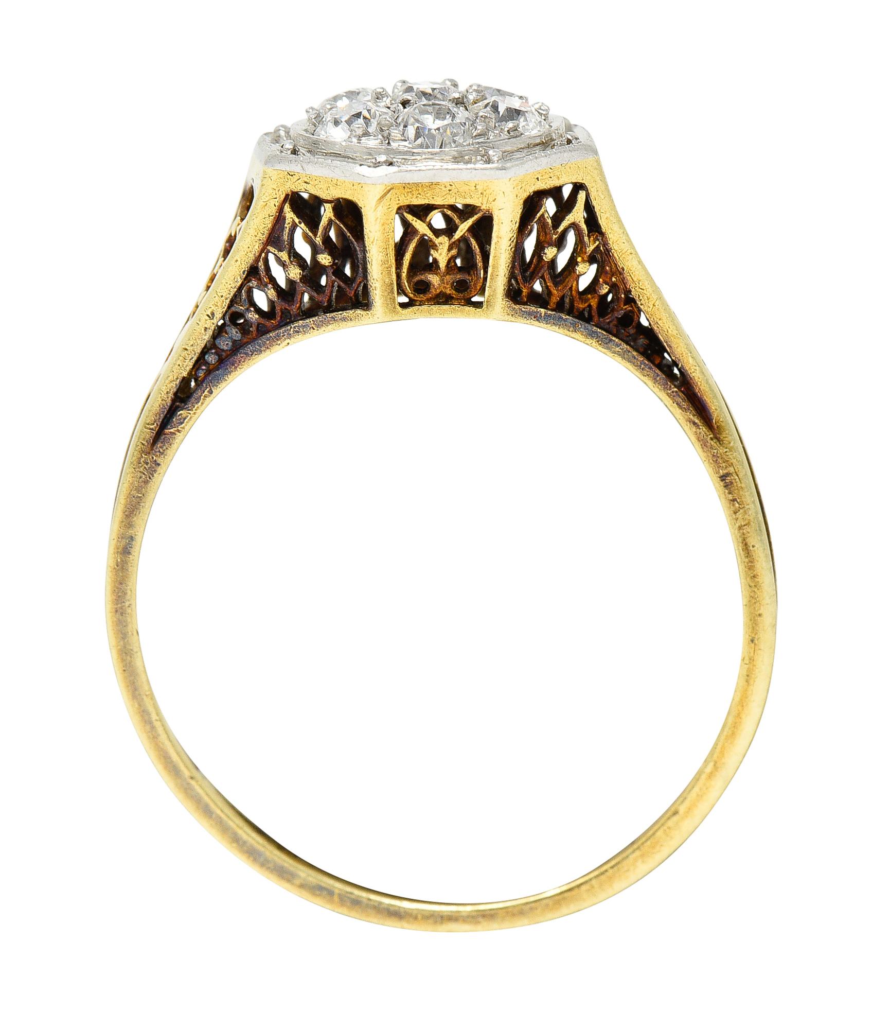 Edwardian 0.30 Carat Diamond Platinum-Topped 18 Karat Gold Octagonal Ring 4