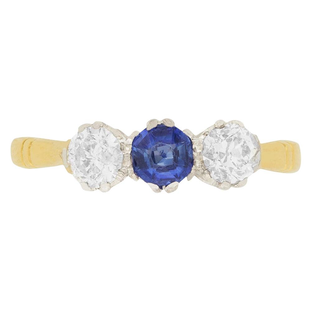 Edwardian 0.30 Carat Sapphire and Diamond Three-Stone Ring, circa 1910s For Sale