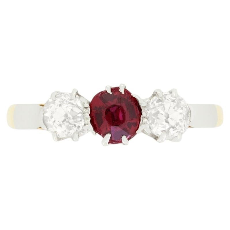Edwardian 0.30ct Ruby and Diamond Trilogy Ring, c.1910s For Sale