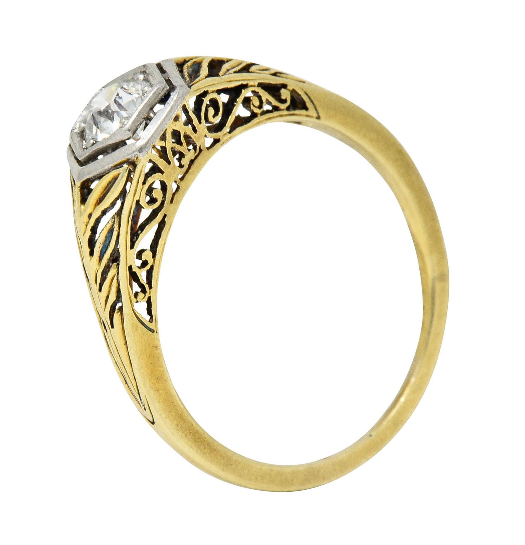 Edwardian 0.35 Carat Diamond Platinum 18 Karat Gold Foliate Engagement Ring 5