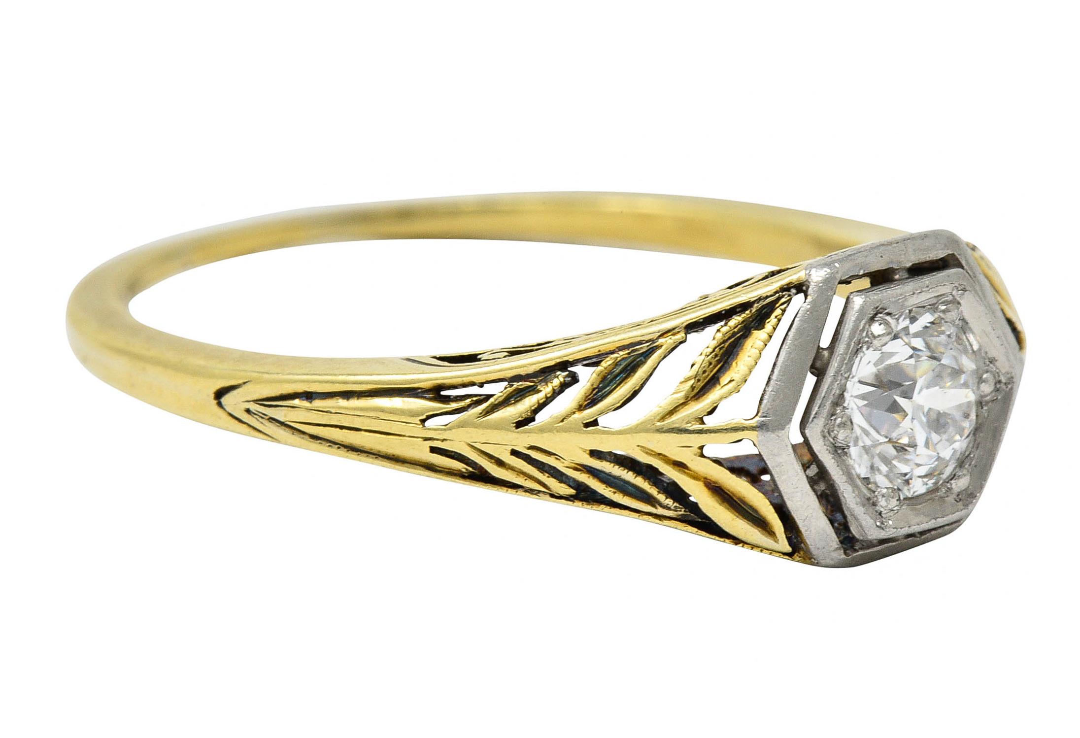 Round Cut Edwardian 0.35 Carat Diamond Platinum 18 Karat Gold Foliate Engagement Ring