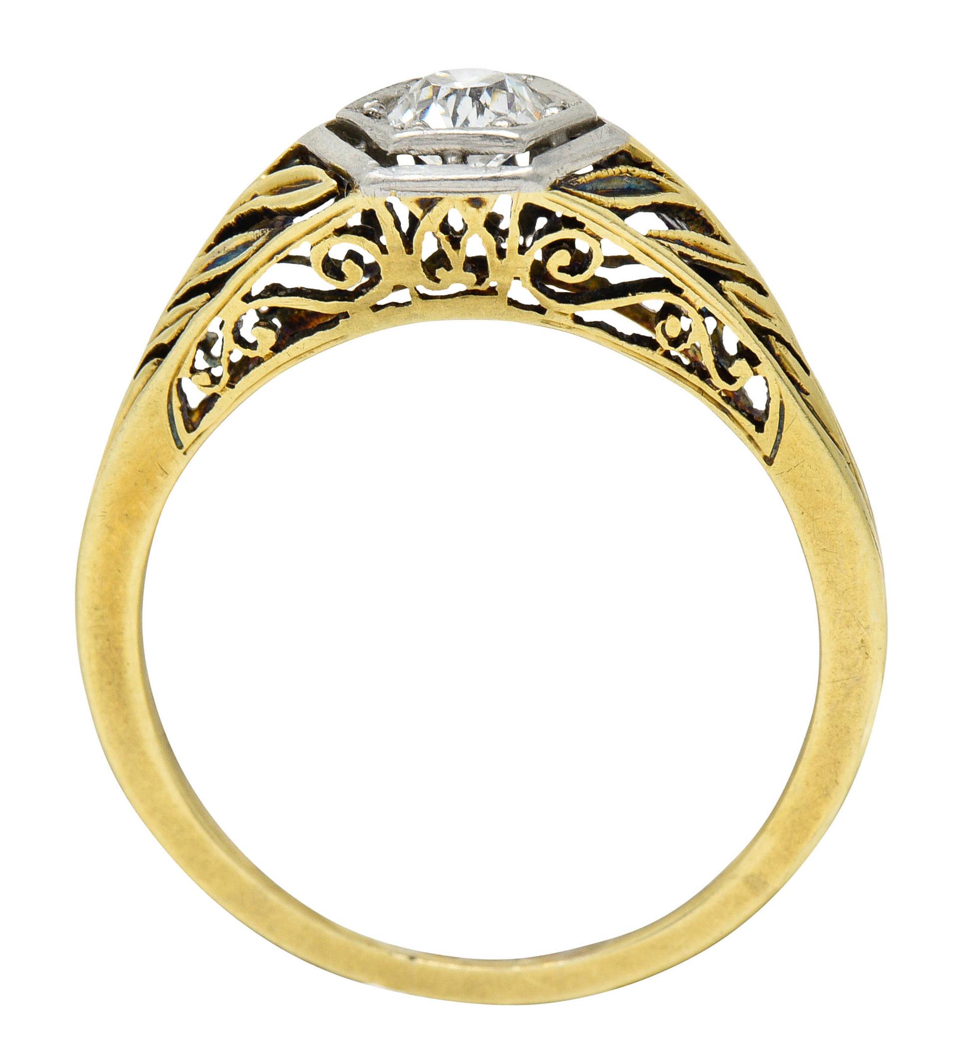 Edwardian 0.35 Carat Diamond Platinum 18 Karat Gold Foliate Engagement Ring 3