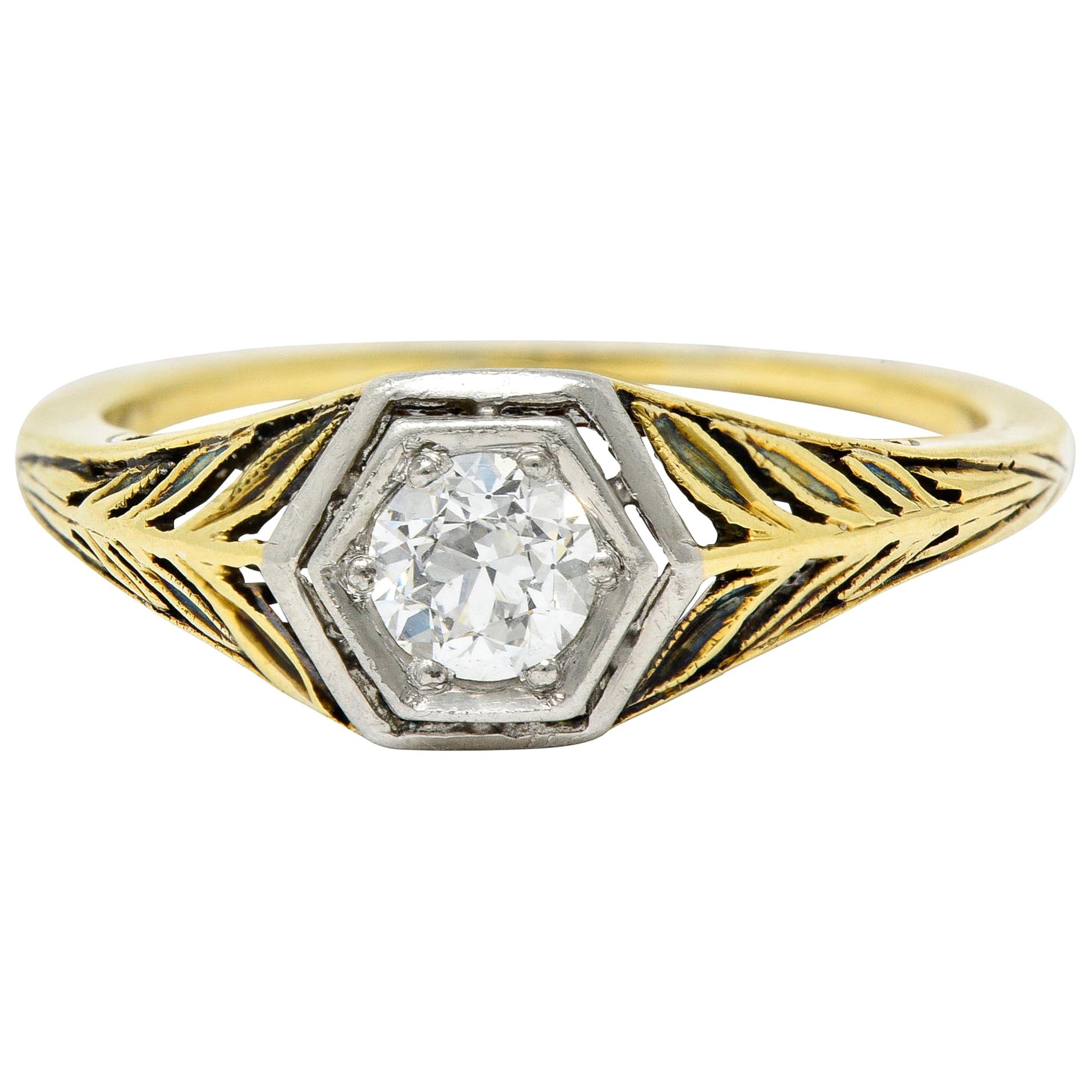 Edwardian 0.35 Carat Diamond Platinum 18 Karat Gold Foliate Engagement Ring