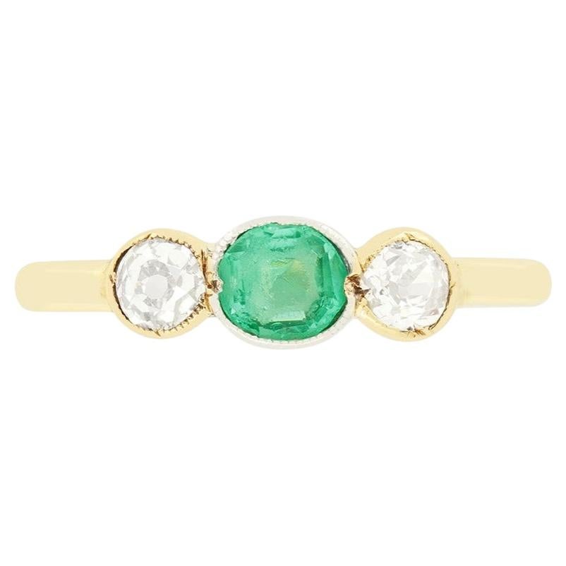 Edwardian 0.35ct Emerald and Diamond Three Stone Ring, c.1910s