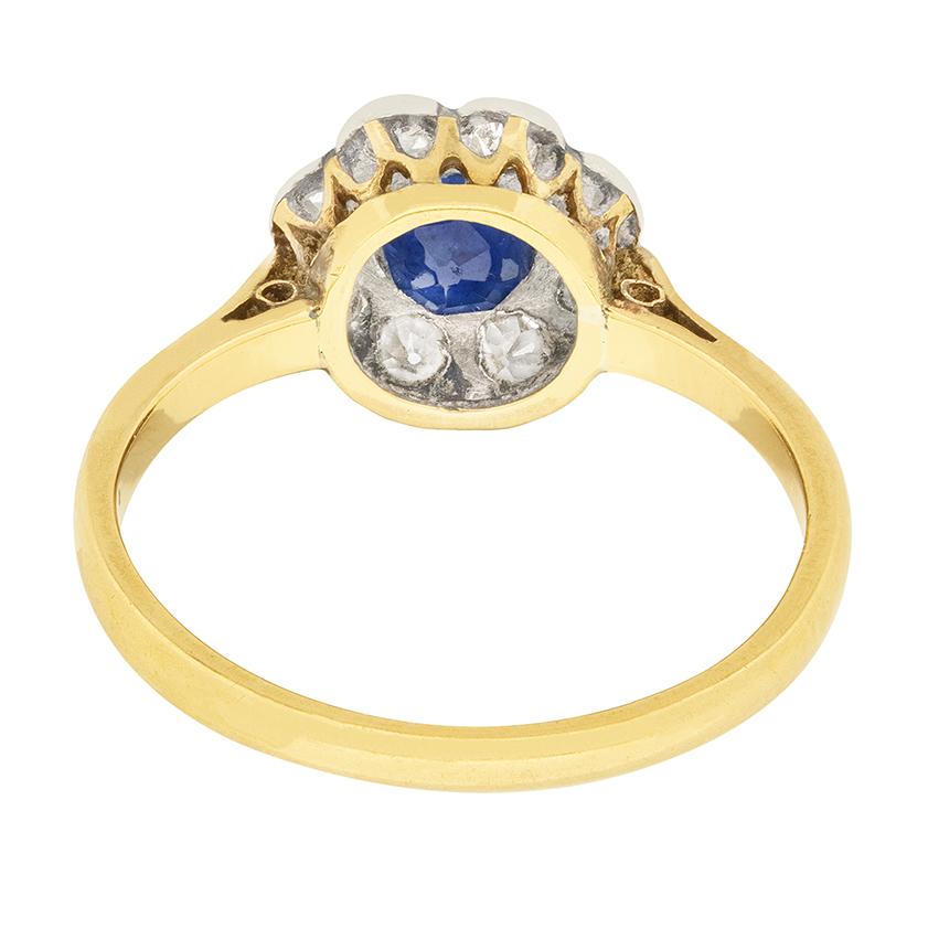 Old Mine Cut Edwardian 0.35 Carat Sapphire and Diamond Cluster Ring, circa 1910s For Sale