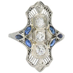 Edwardian 0.35 Carat Diamond Synthetic Sapphire 18 Karat White Gold Dinner Ring