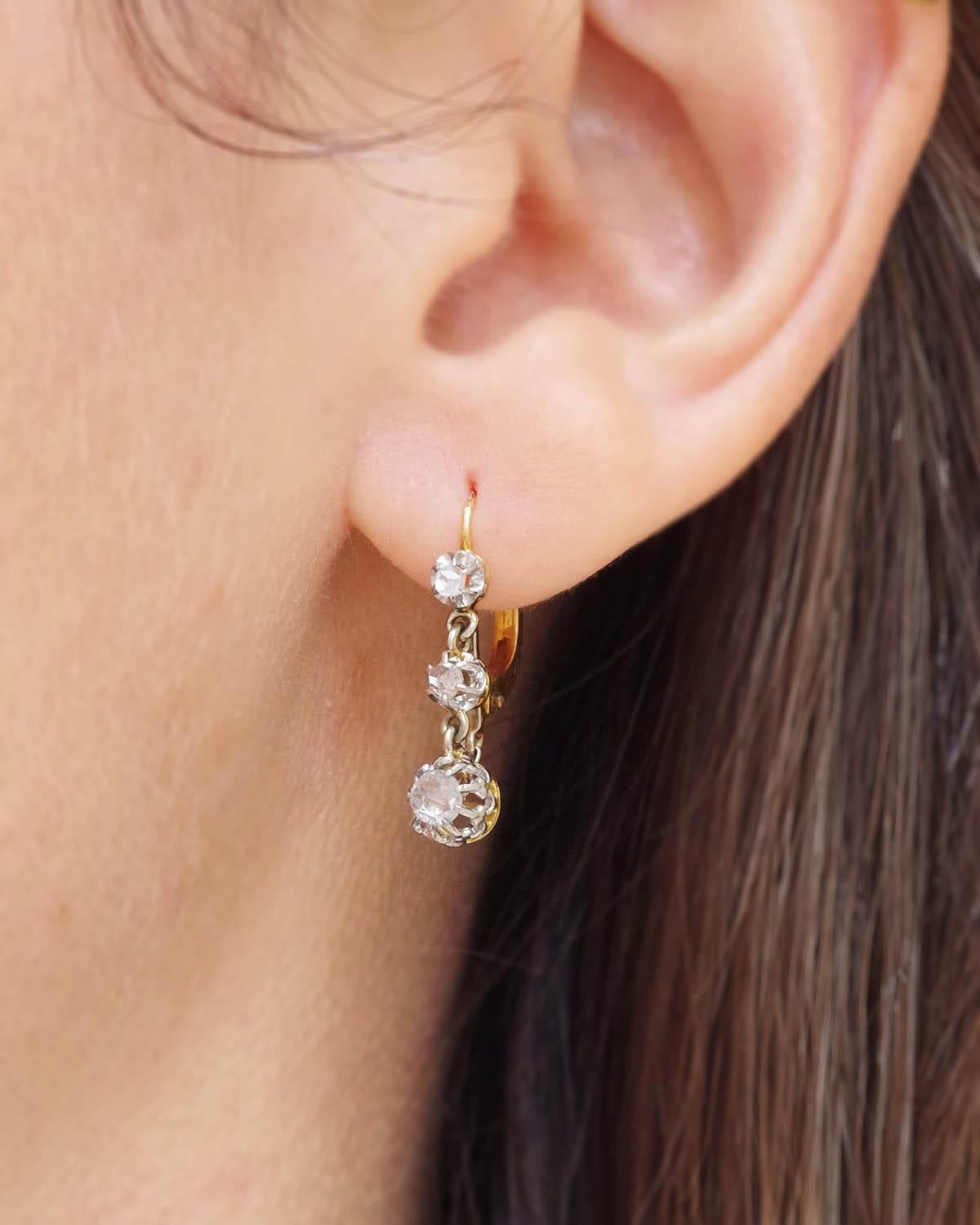 Boucles d'oreilles édouardiennes en or 18k et platine, Boucles d'oreilles anciennes, diamant 0.36 ct Pour femmes en vente