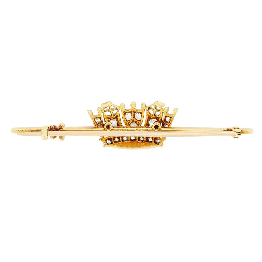 From the 1910s, this beautiful Royal Navy crown brooch features a collection of both old cut and rose cut diamonds across its design. The four largest old cuts being 0.05 carat a piece with the smaller rose cuts bringing the diamond total to 0.36