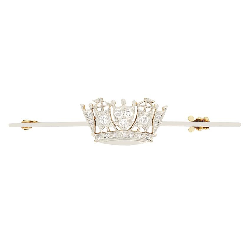 Round Cut Edwardian 0.36ct Diamond Crown Brooch, c.1910s For Sale