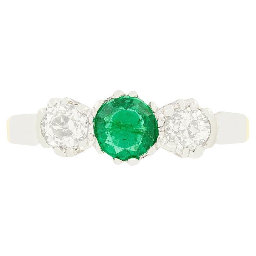 Edwardian 0.40ct Emerald and Diamond Three Stone Ring, c.1910s For Sale