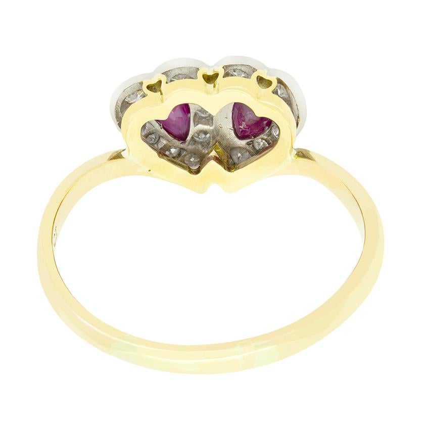 Old European Cut Edwardian 0.40ct Ruby and Diamond Double Heart Cluster Ring, c.1910s For Sale
