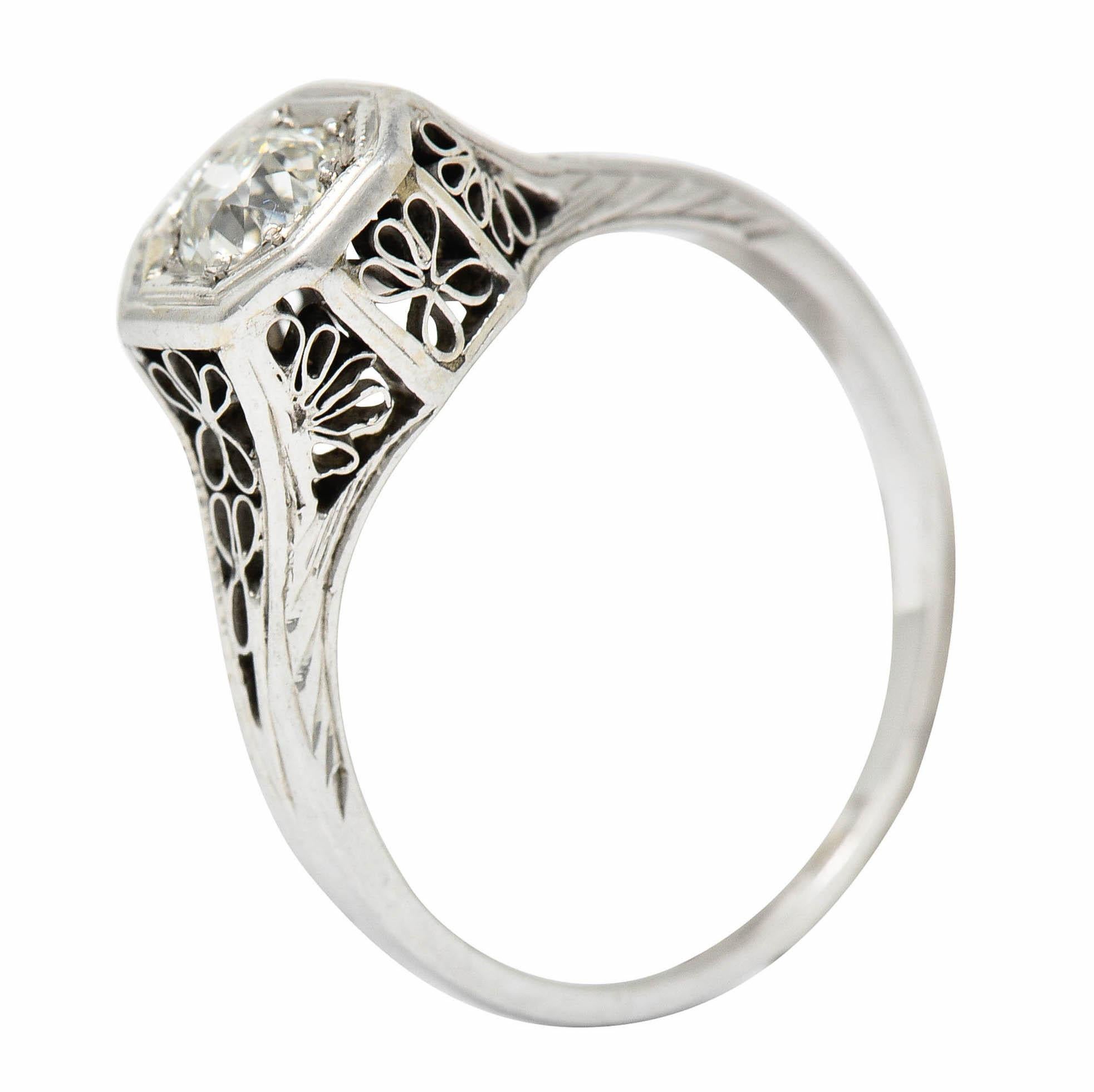 Edwardian 0.45 Carat Diamond 14 Karat White Gold Floral Engagement Ring For Sale 6