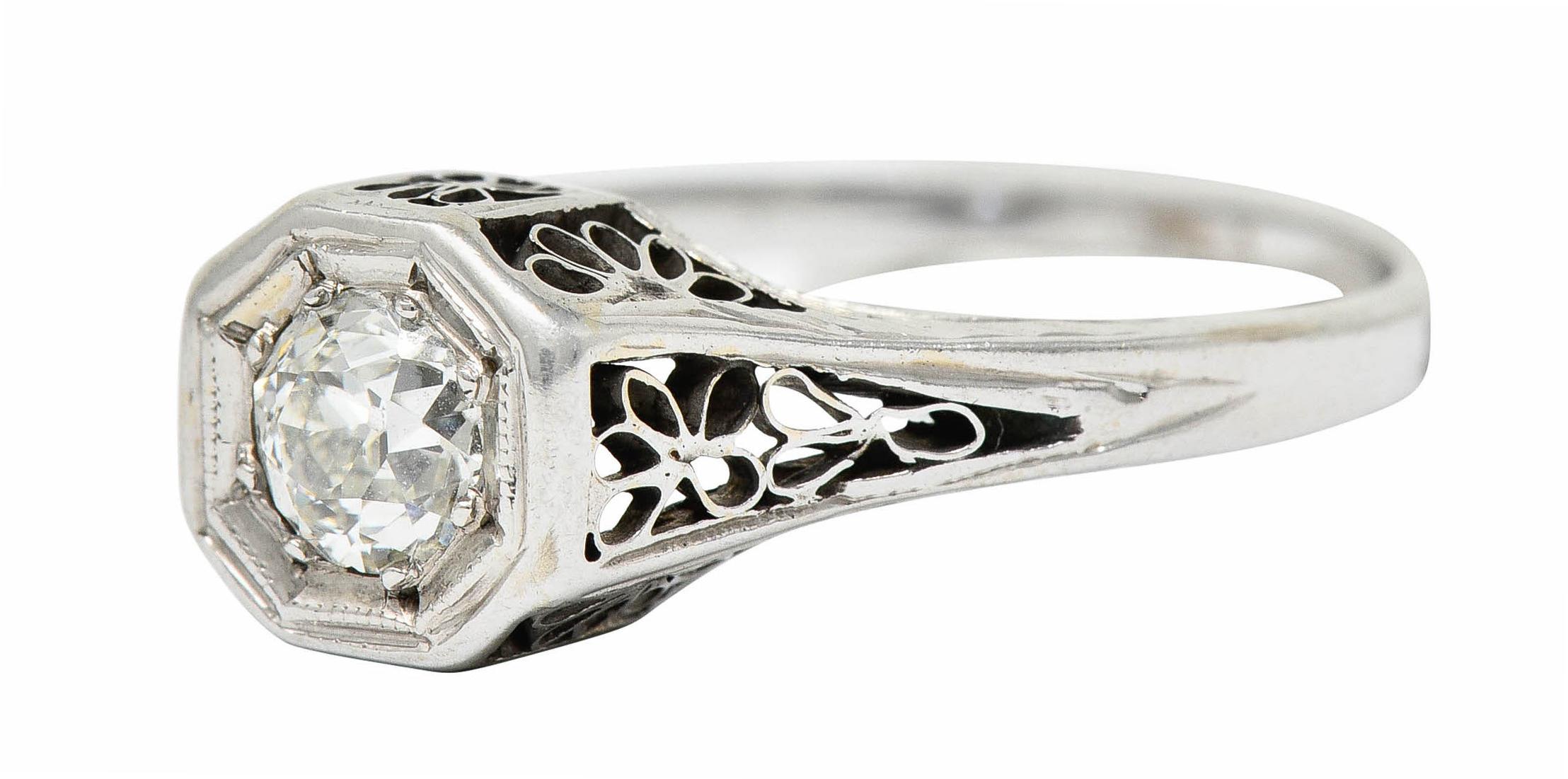 Edwardian 0.45 Carat Diamond 14 Karat White Gold Floral Engagement Ring For Sale 1