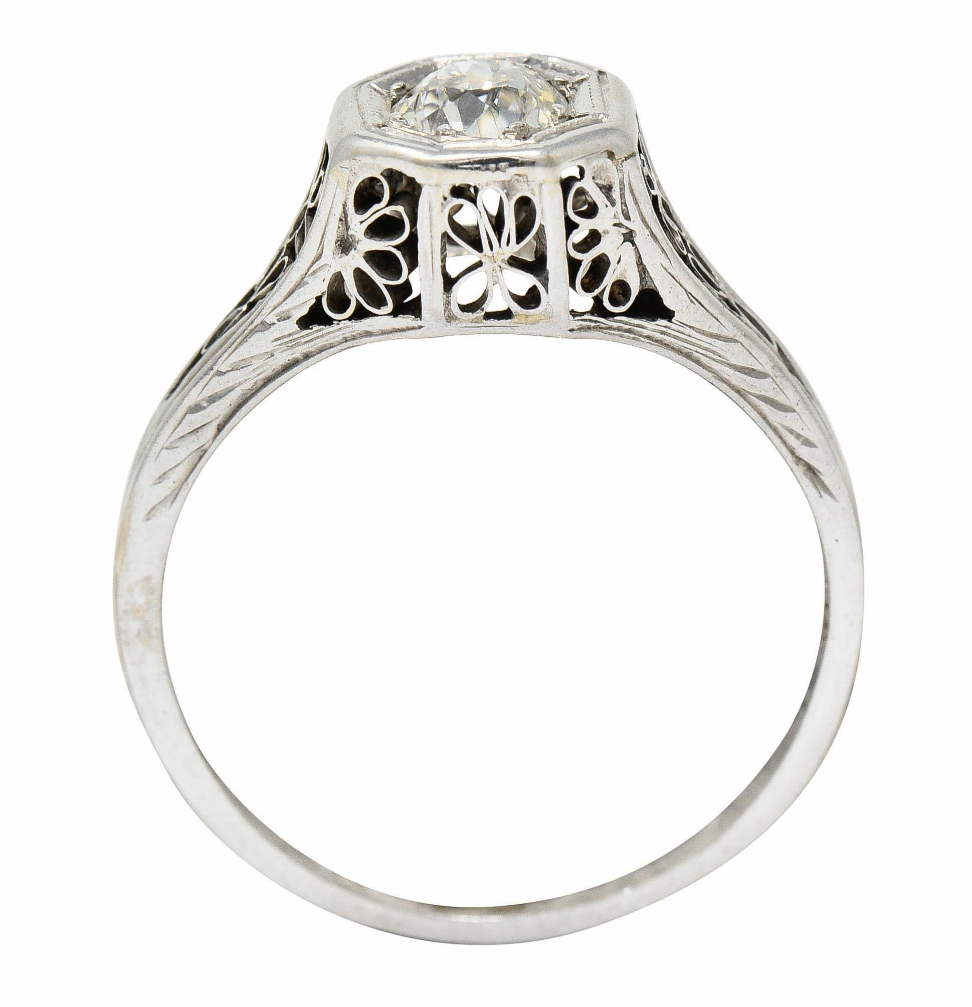 Edwardian 0.45 Carat Diamond 14 Karat White Gold Floral Engagement Ring For Sale 3