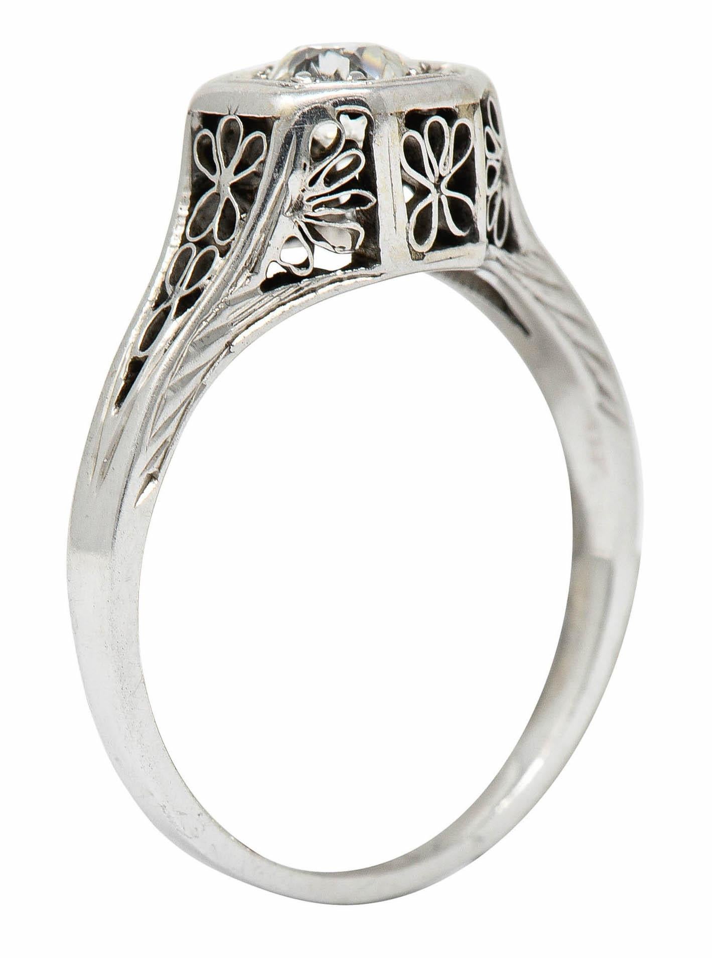 Edwardian 0.45 Carat Diamond 14 Karat White Gold Floral Engagement Ring For Sale 4