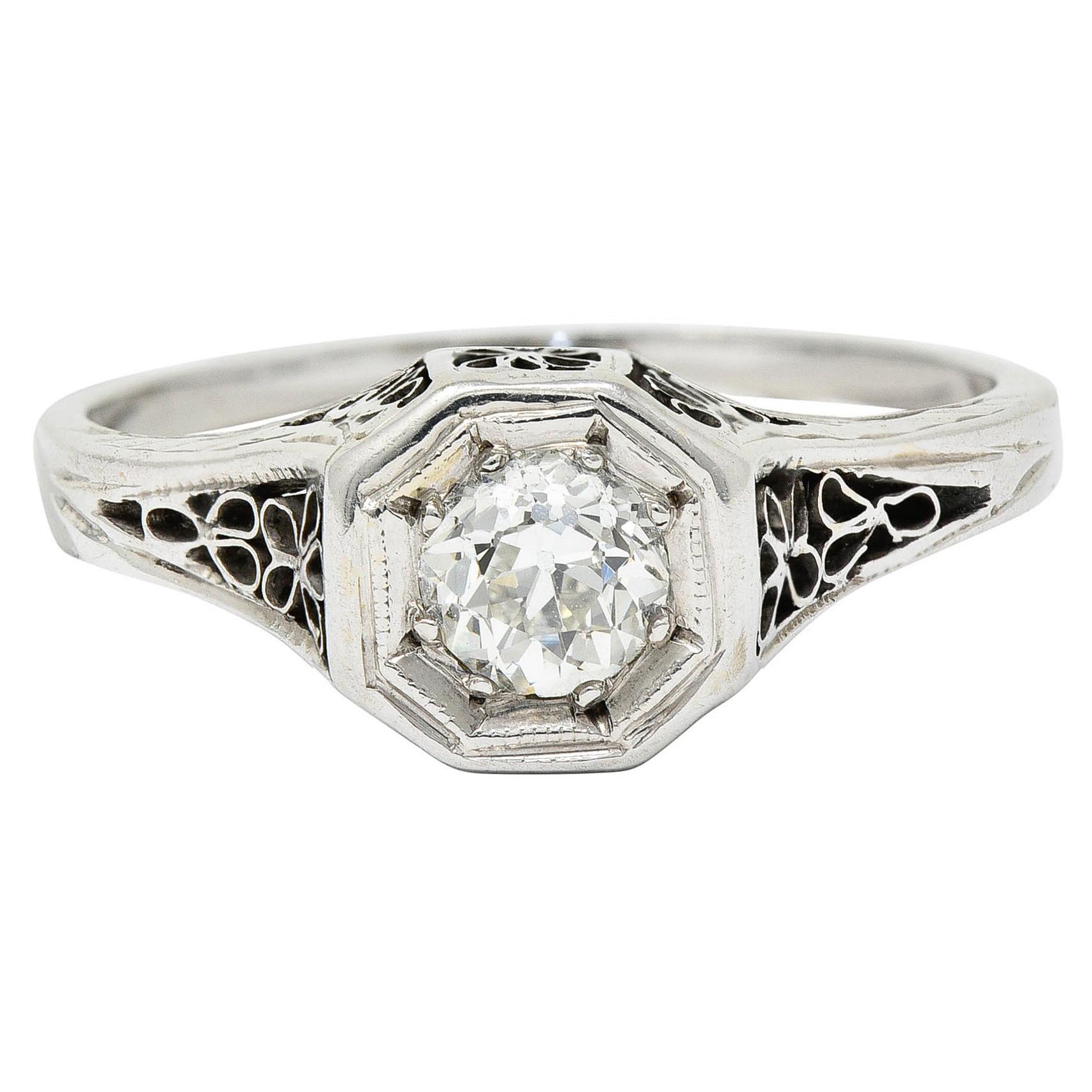 Edwardian 0.45 Carat Diamond 14 Karat White Gold Floral Engagement Ring