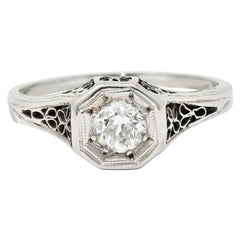 Antique Edwardian 0.45 Carat Diamond 14 Karat White Gold Floral Engagement Ring