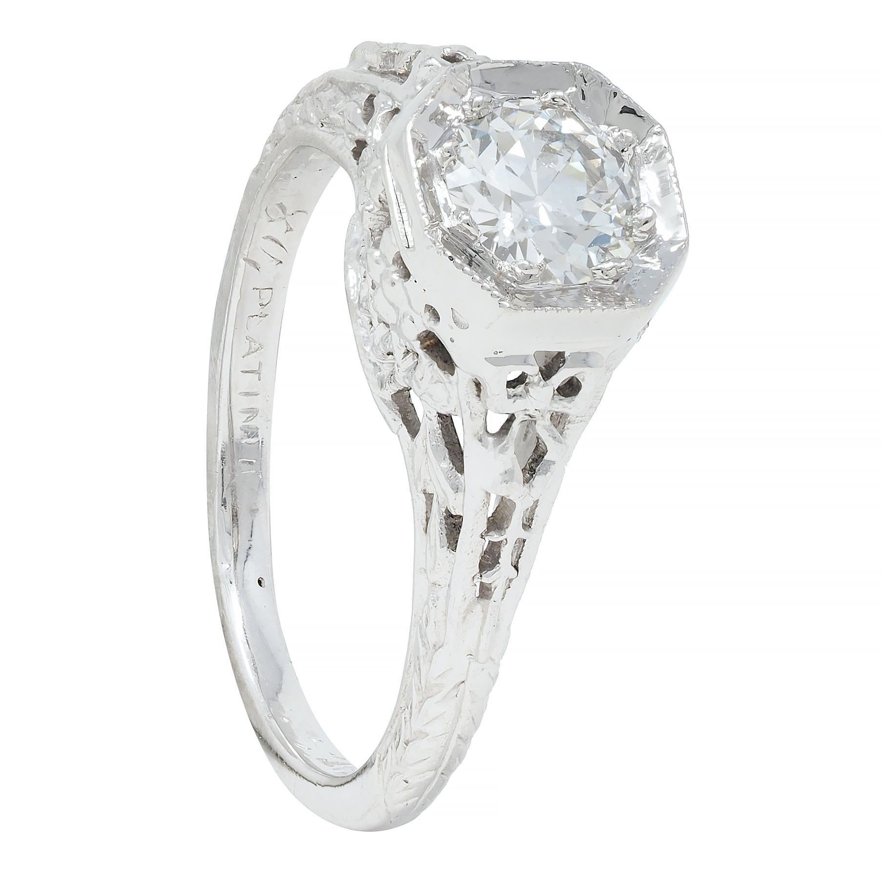 Edwardian 0.45 CTW Old European Diamond Platinum Bow Basket Engagement Ring For Sale 6