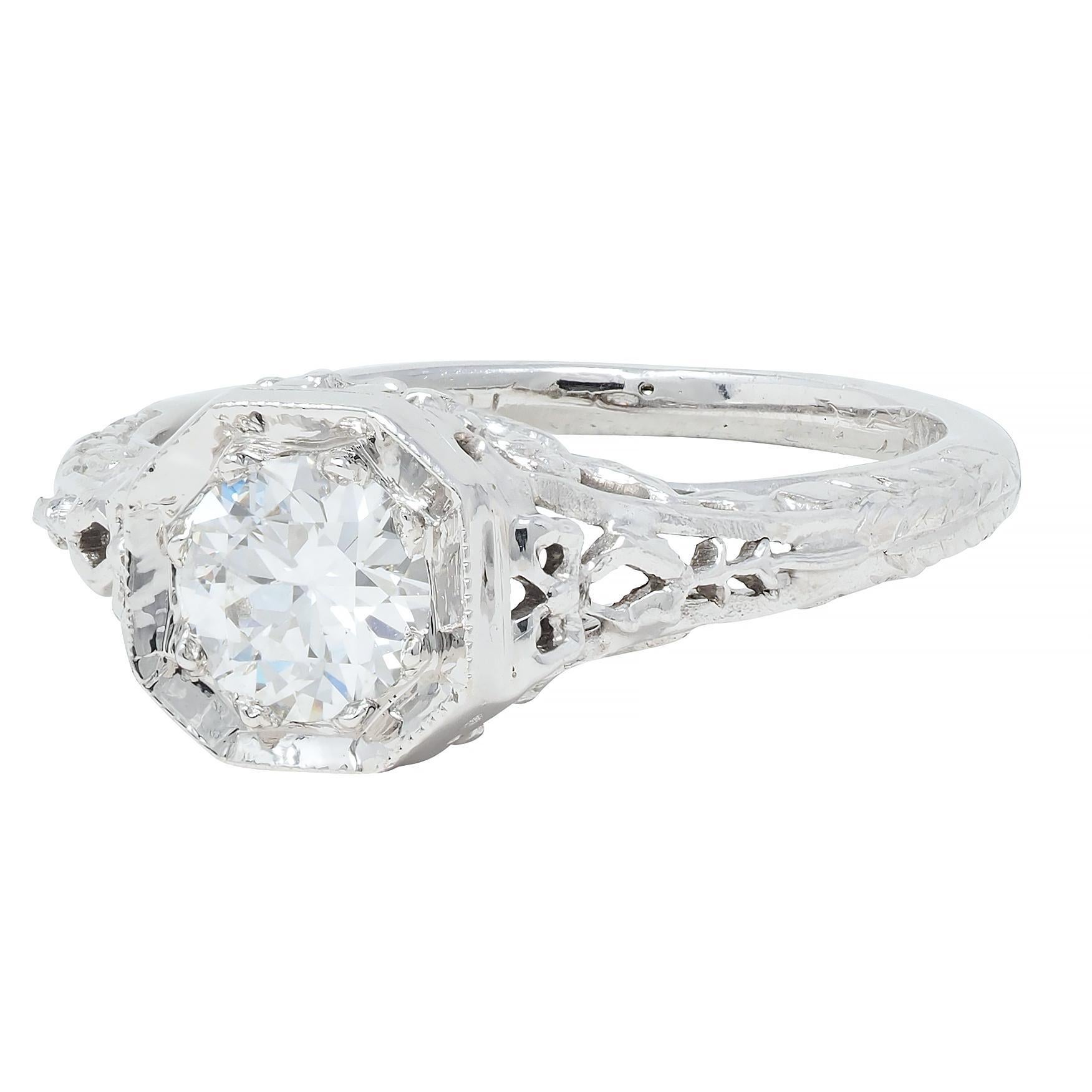Edwardian 0.45 CTW Old European Diamond Platinum Bow Basket Engagement Ring For Sale 2