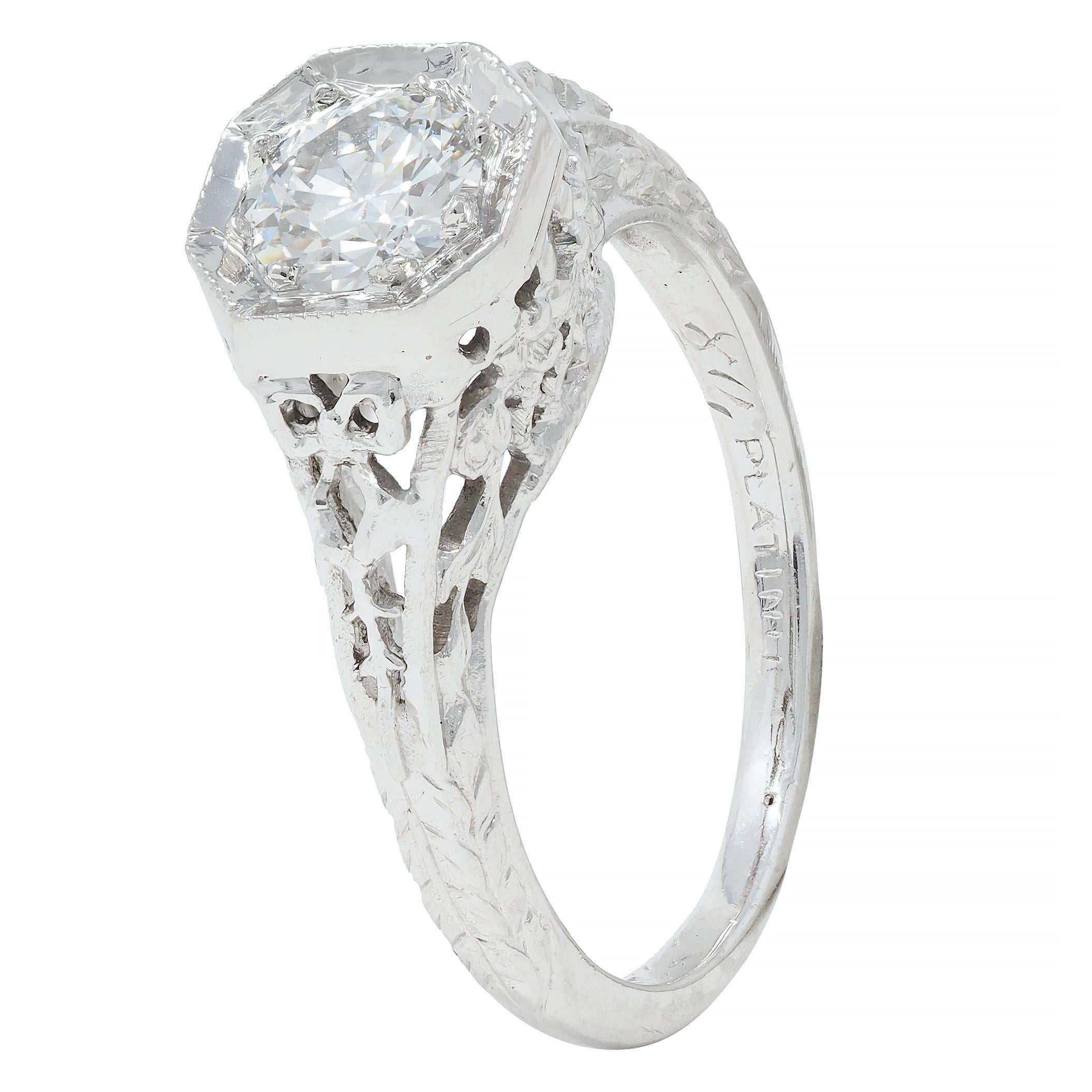 Edwardian 0.45 CTW Old European Diamond Platinum Bow Basket Engagement Ring For Sale 4