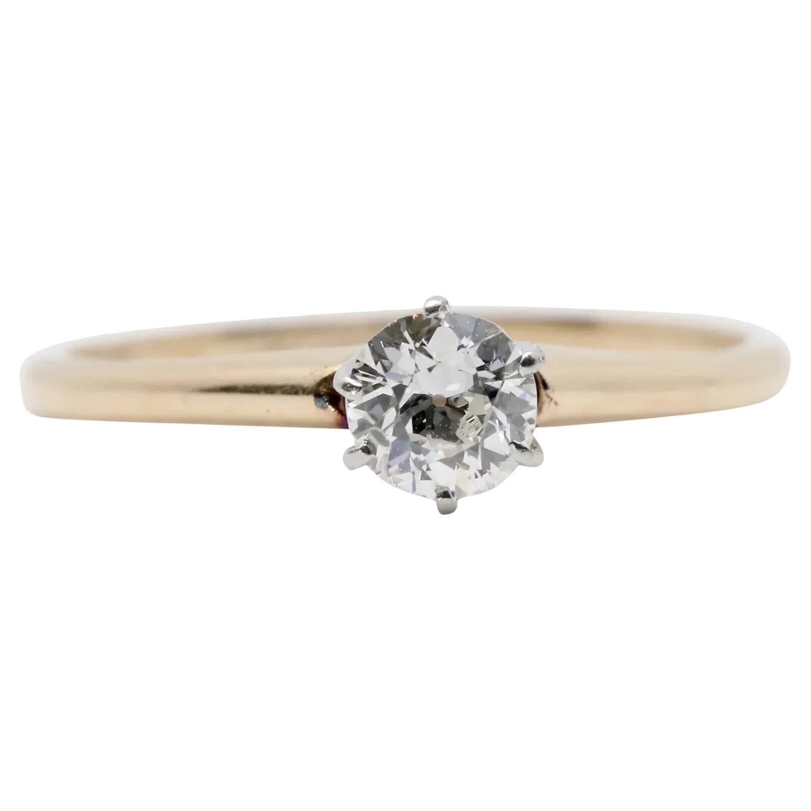 Bague de fiançailles solitaire édouardienne en diamant taille européenne ancienne de 0.45 carat