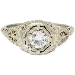 Antique Edwardian 0.47 Carat Diamond 18 Karat White Gold Octagonal Engagement Ring
