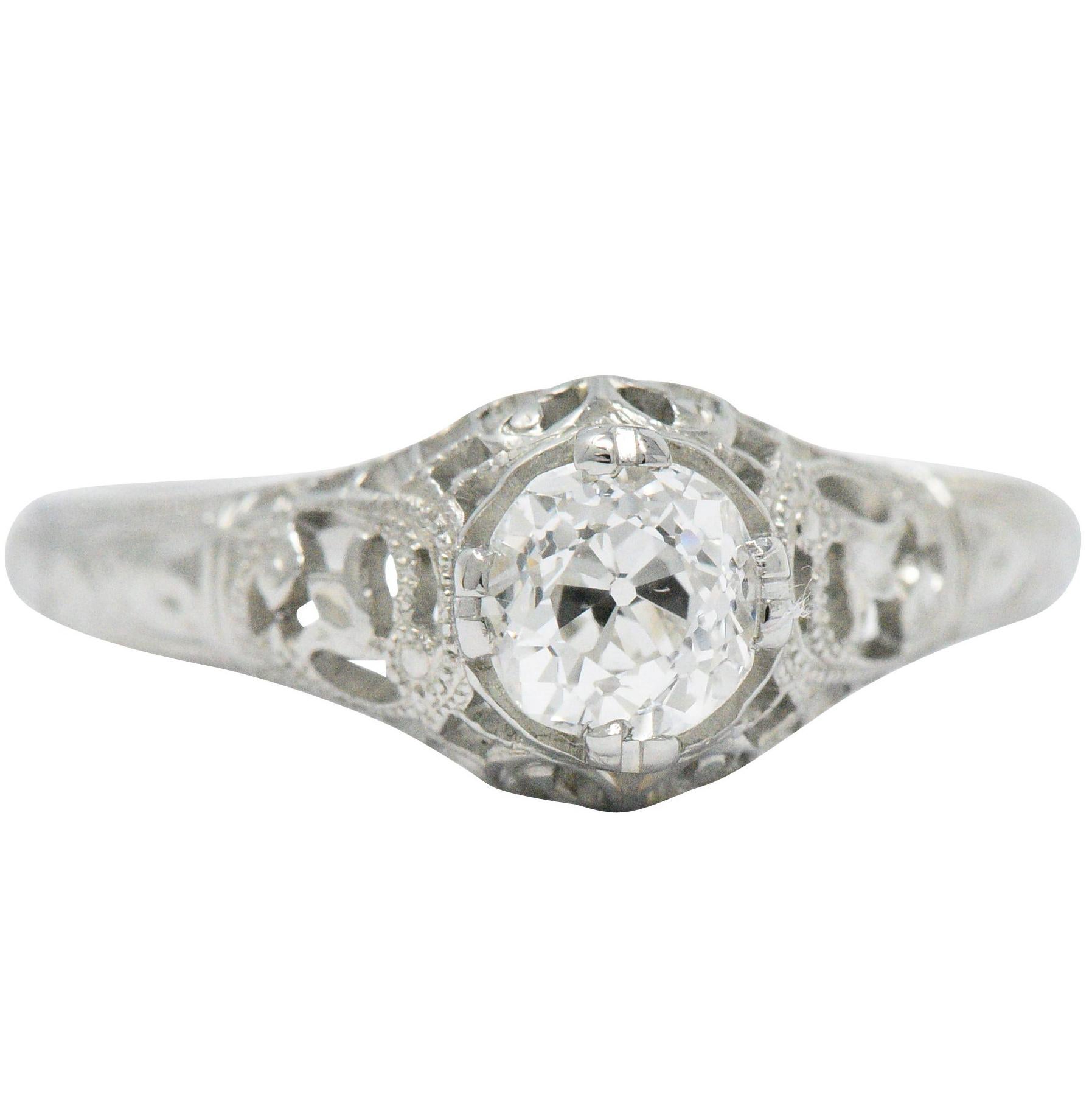 Edwardian 0.50 Carat Old Mine Diamond 18 Karat White Gold Engagement Ring GIA