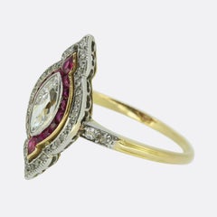 Edwardian 0.50 Carat Marquise Cut Diamond and Ruby Navette Ring