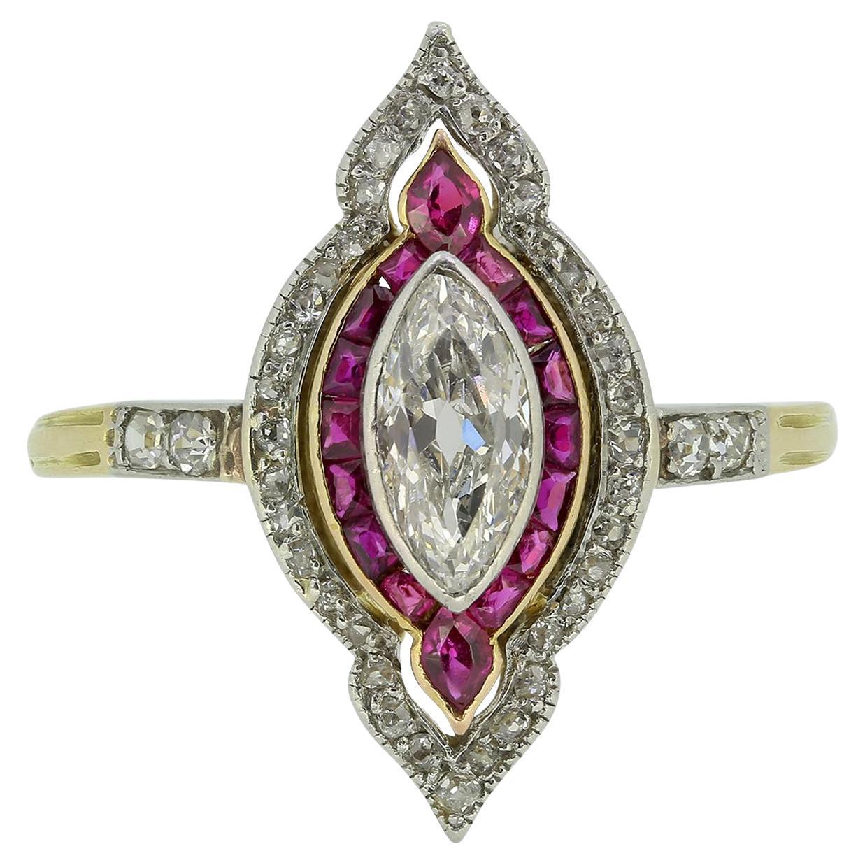 Edwardian 0.50 Carat Marquise Cut Diamond and Ruby Navette Ring For Sale