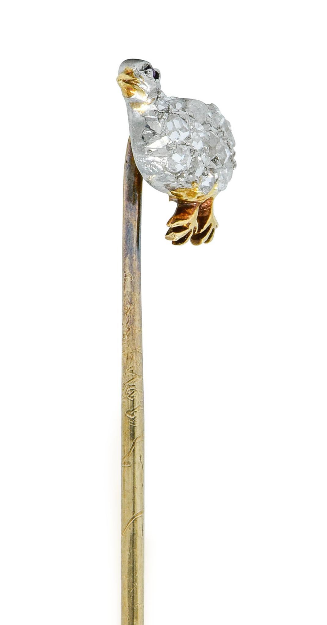 Edwardian 0.50 Carat Rose Cut Diamond Platinum-Topped Gold Partridge Stickpin For Sale 1