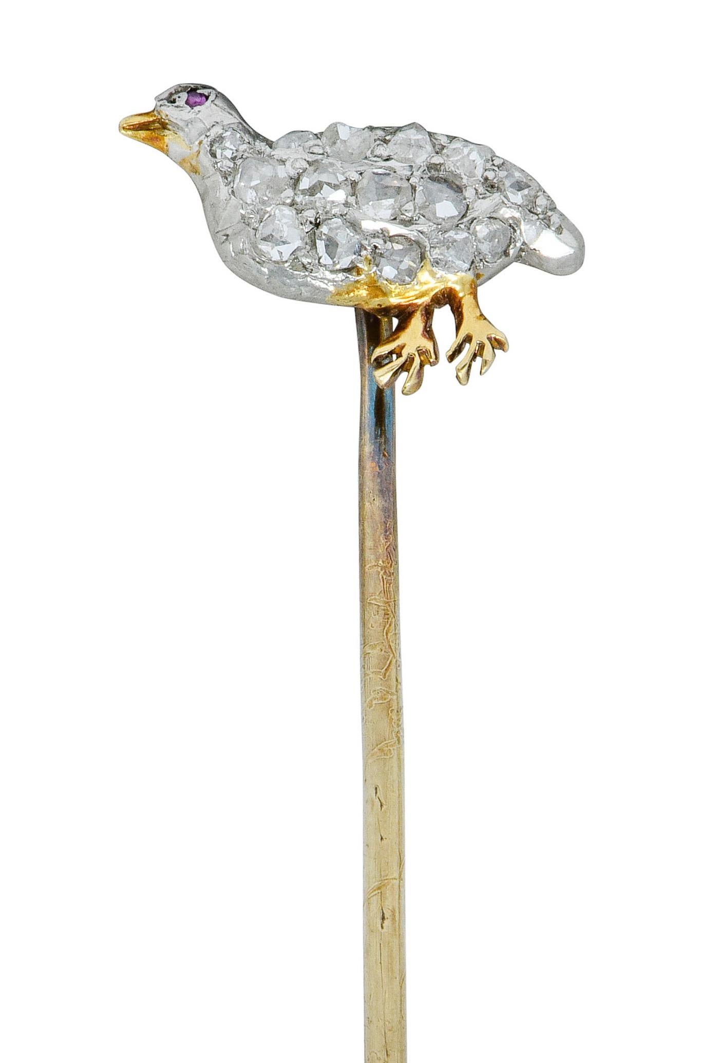 Edwardian 0.50 Carat Rose Cut Diamond Platinum-Topped Gold Partridge Stickpin For Sale 2