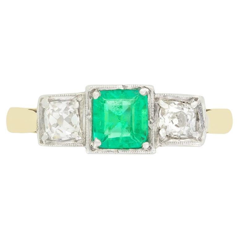 Edwardian 0.50ct Emerald and Diamond Trilogy Ring, c.1910s
