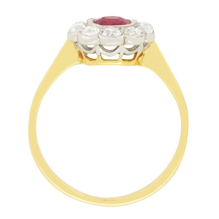 Old Mine Cut Edwardian 0.50ct Ruby and Diamond Daisy Cluster Ring, circa 1910s For Sale