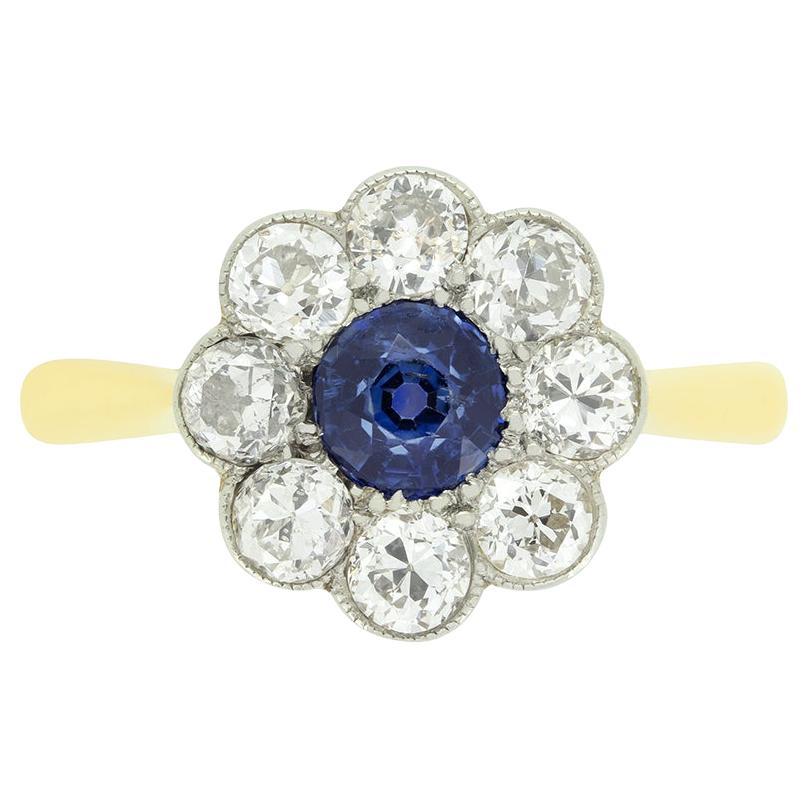 Anillo eduardiano en racimo de zafiro y diamantes de 0,50 ct, c.1910