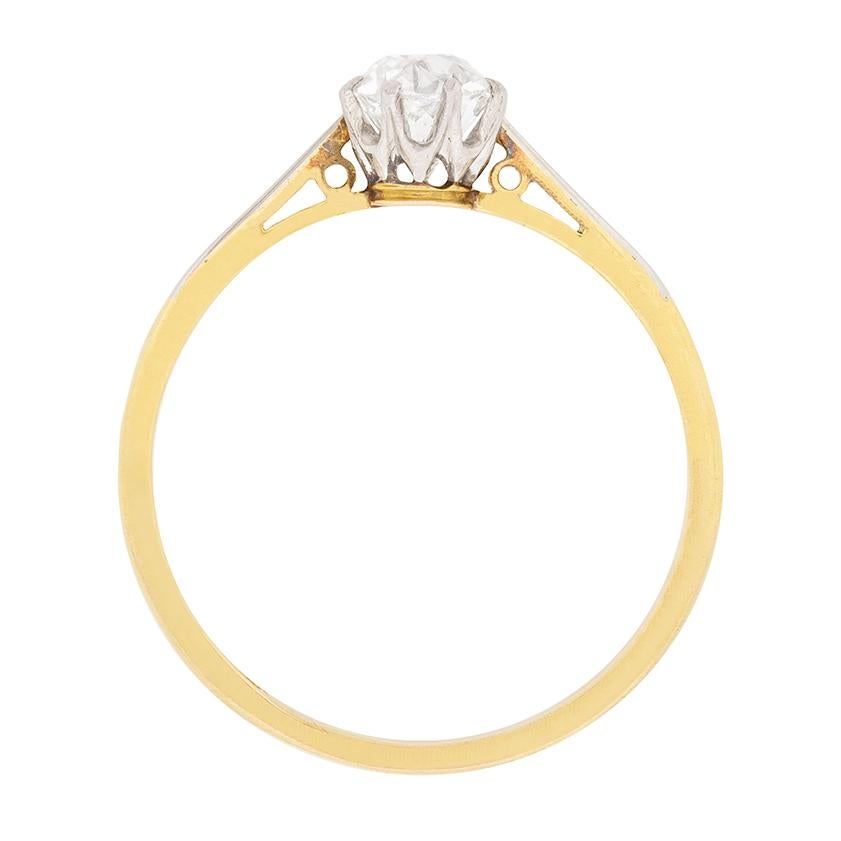 A timeless design, this solitaire dates back to the Edwardian era, c.1910. The old cut diamond, which is hand cut, weighs 0.53 carat, is G in colour and VS1 in clarity. It has been claw set expertly within a platinum collet using eight claws. The