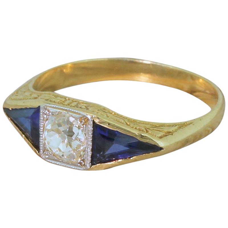 Edwardian 0.55 Carat Diamond and 1.52 Triangular Sapphire Trilogy Ring For Sale