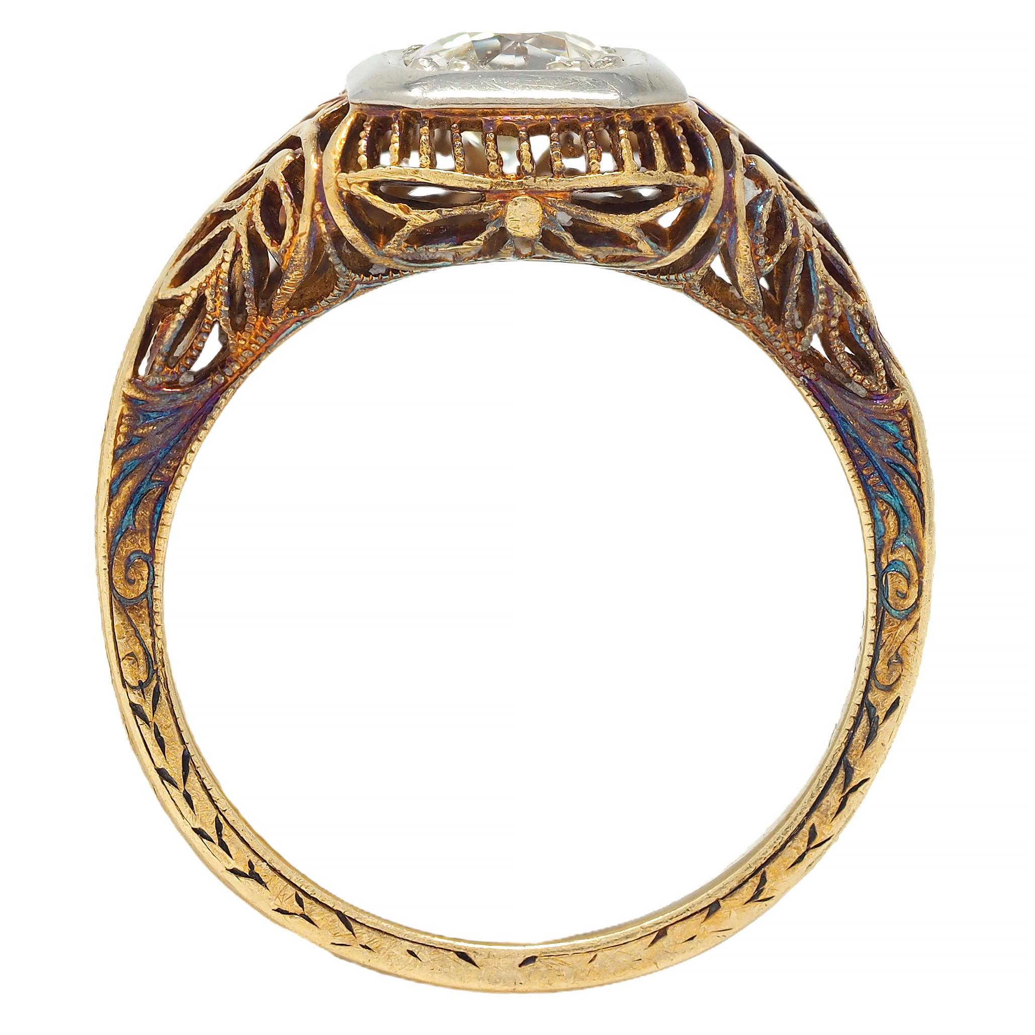 Edwardian 0.55 CTW Diamond 14 Karat Gold Antique Foliate Engagement Ring For Sale 5