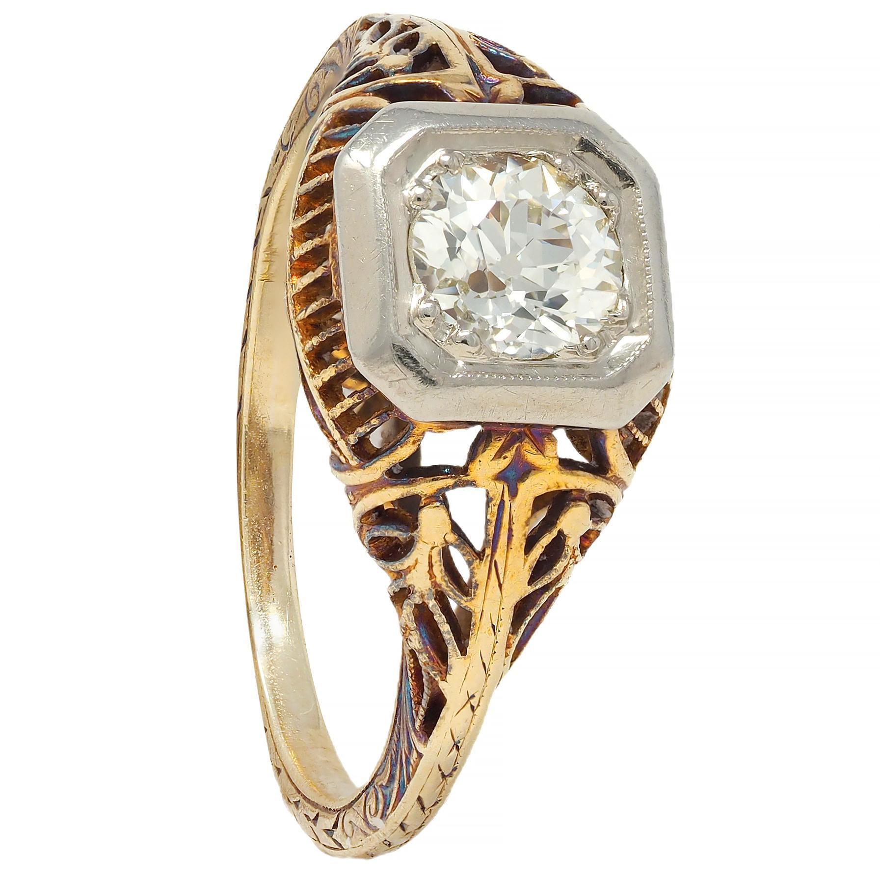 Edwardian 0.55 CTW Diamond 14 Karat Gold Antique Foliate Engagement Ring For Sale 6