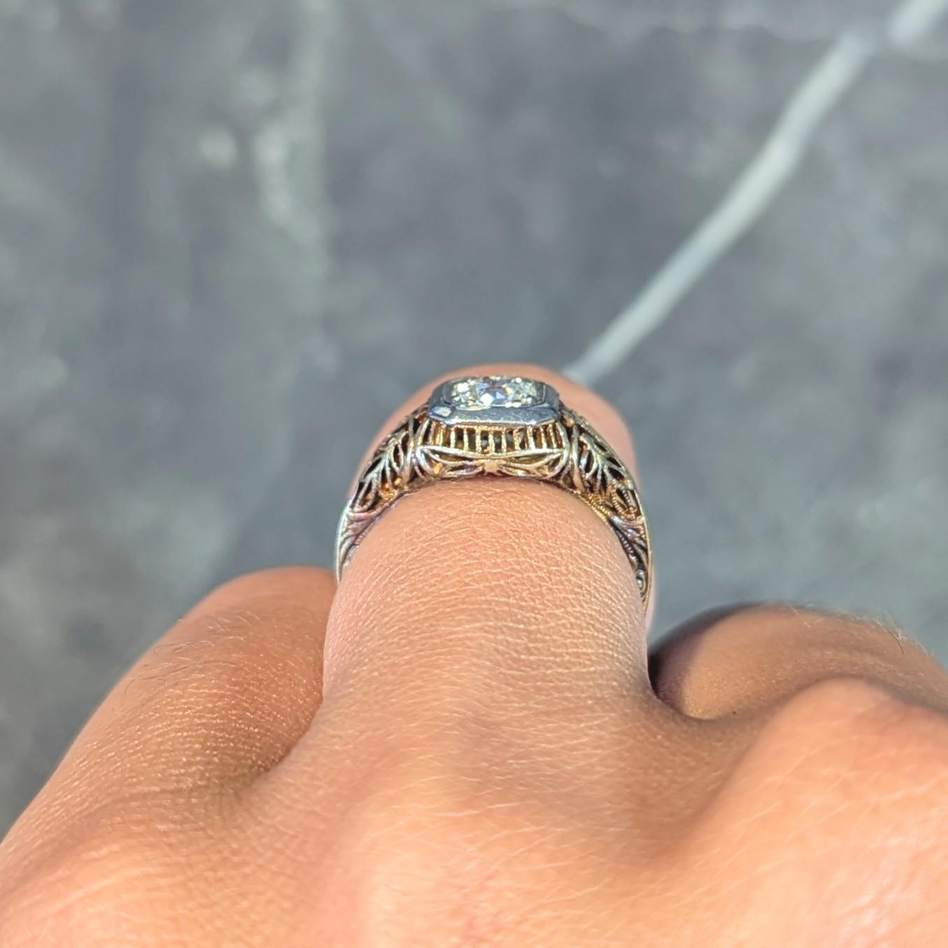 Edwardian 0.55 CTW Diamond 14 Karat Gold Antique Foliate Engagement Ring For Sale 8