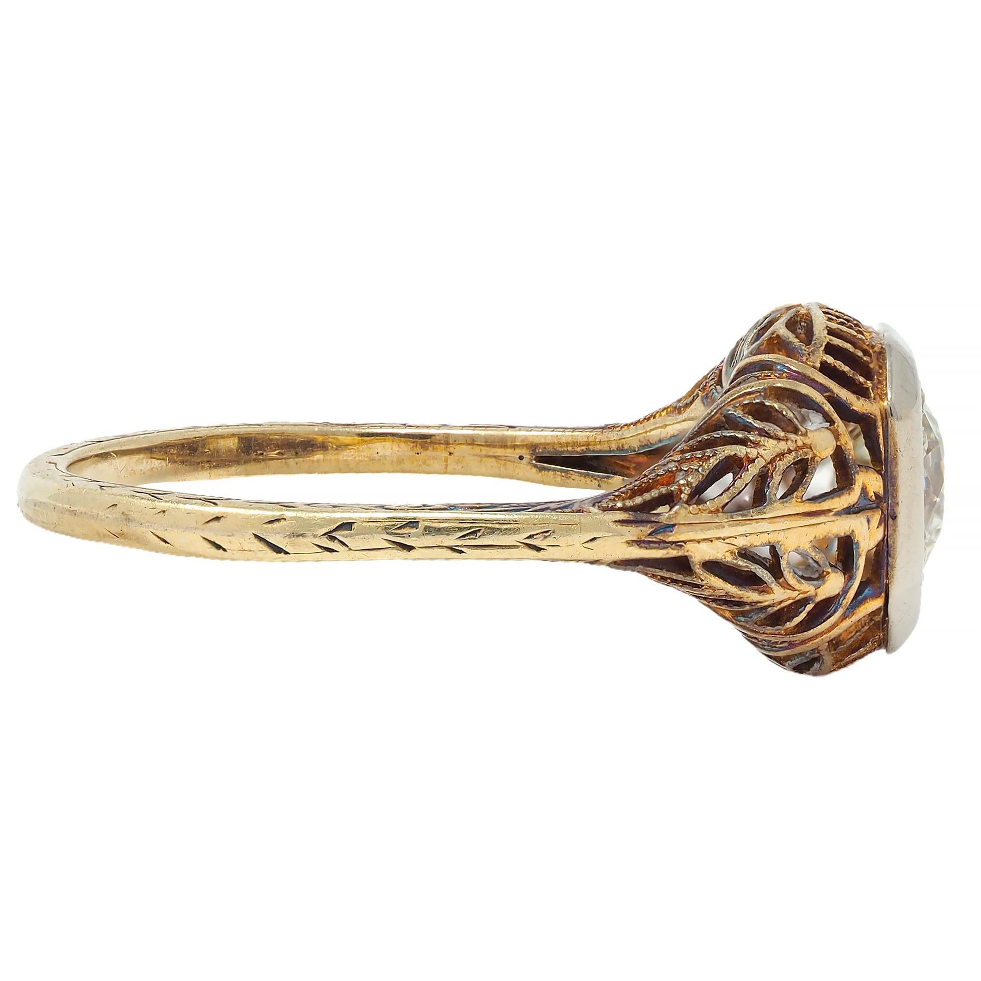 Edwardian 0.55 CTW Diamond 14 Karat Gold Antique Foliate Engagement Ring In Excellent Condition For Sale In Philadelphia, PA