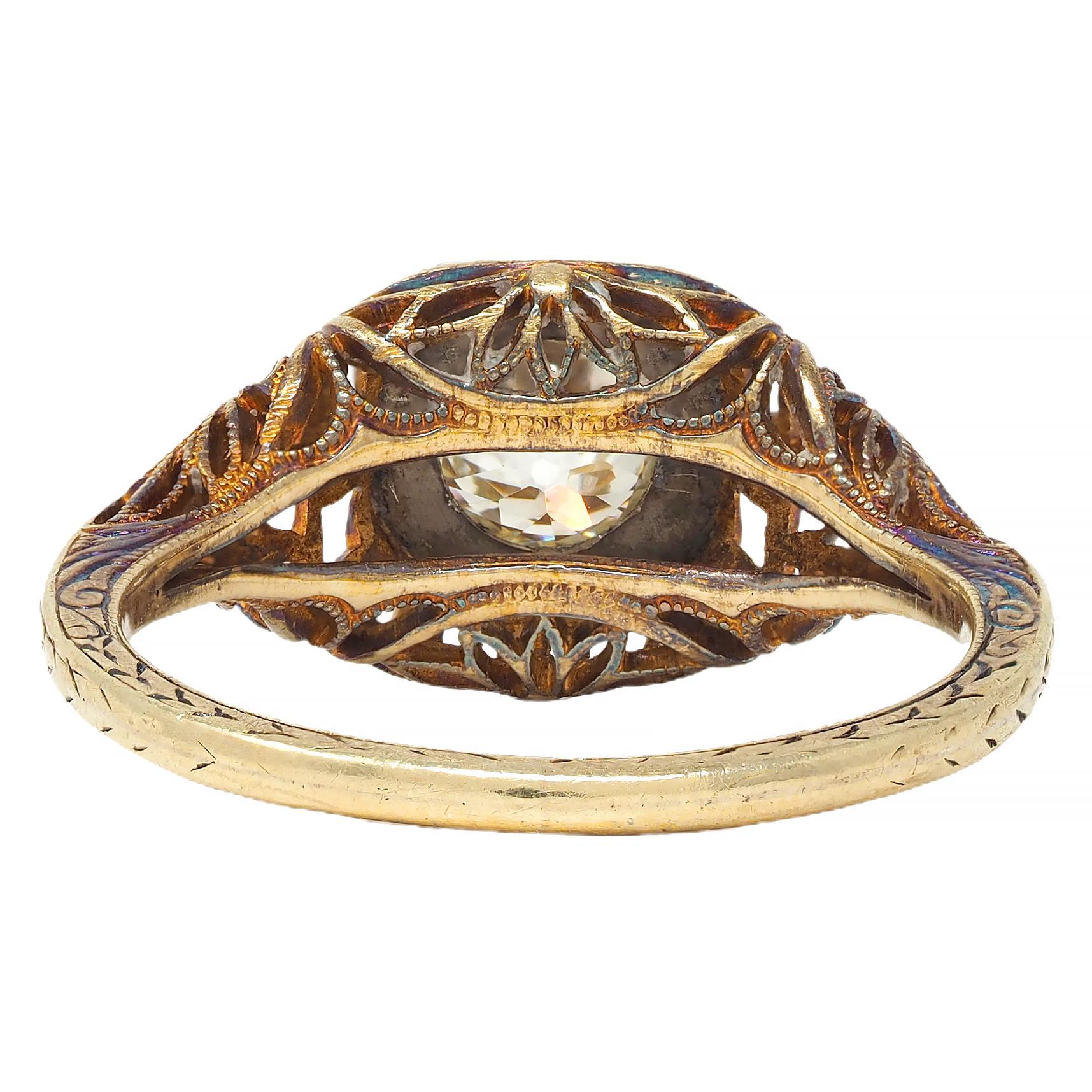 Women's or Men's Edwardian 0.55 CTW Diamond 14 Karat Gold Antique Foliate Engagement Ring For Sale