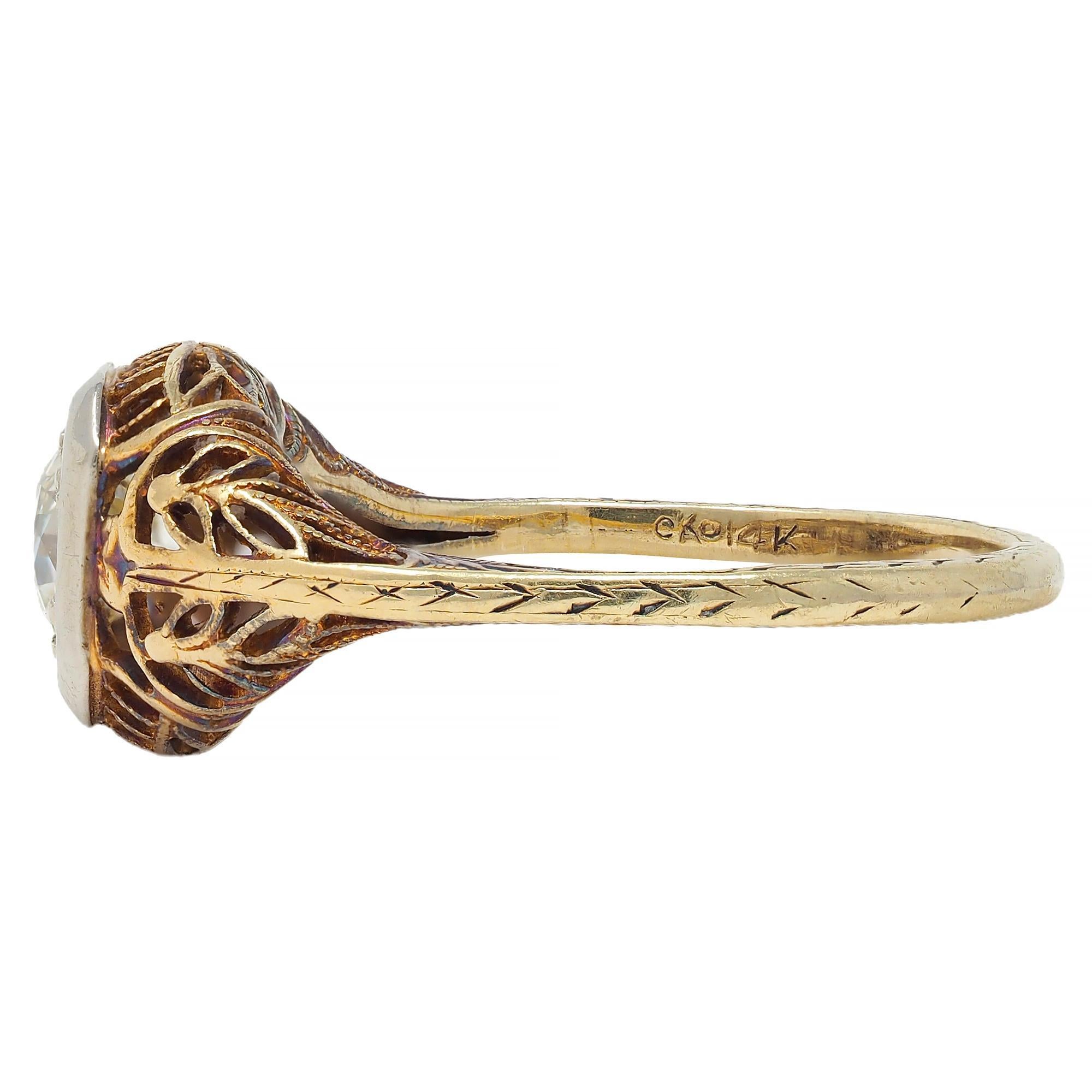 Edwardian 0.55 CTW Diamond 14 Karat Gold Antique Foliate Engagement Ring For Sale 1