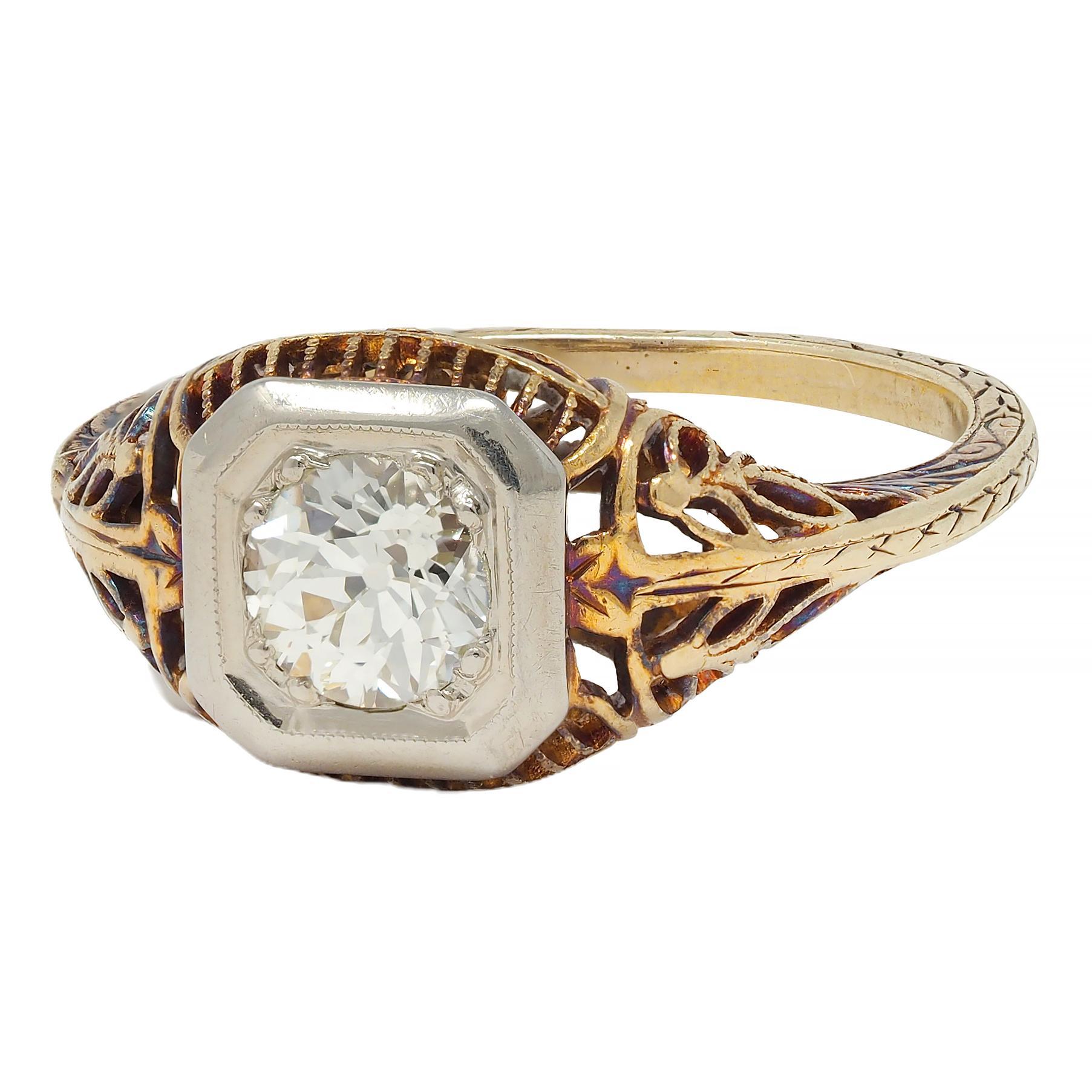 Edwardian 0.55 CTW Diamond 14 Karat Gold Antique Foliate Engagement Ring For Sale 2