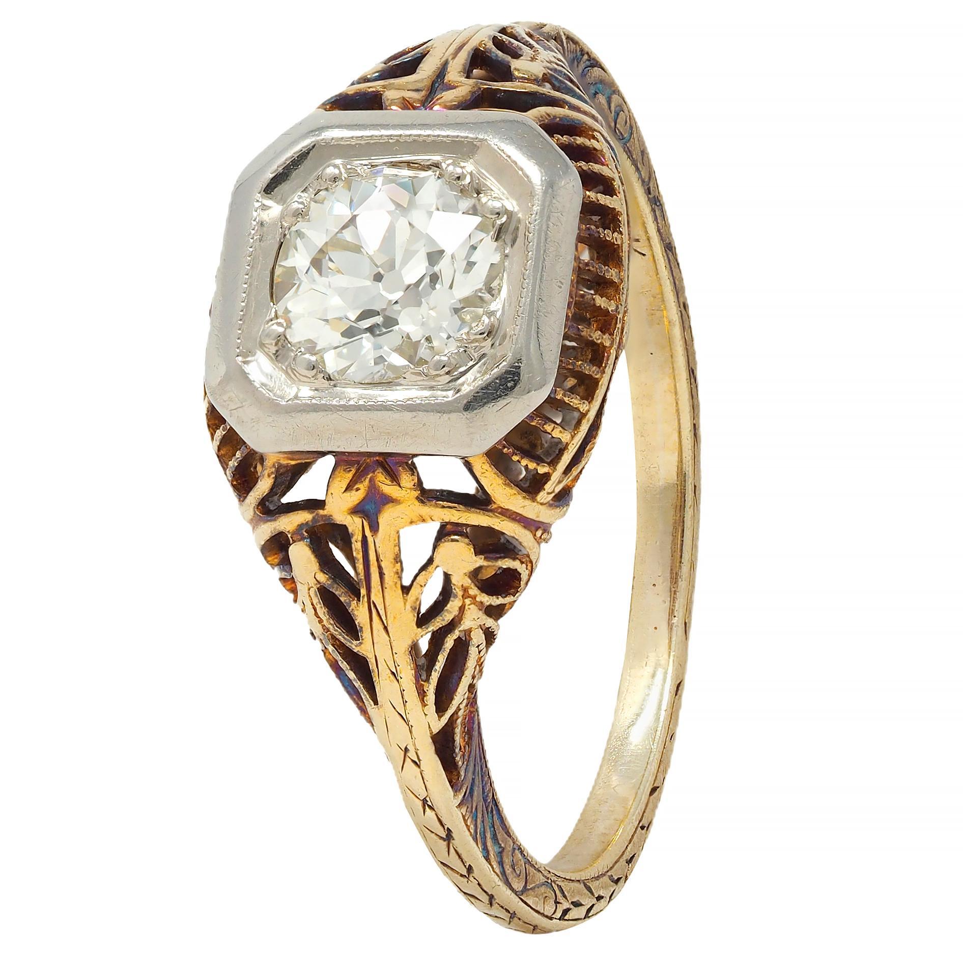 Edwardian 0.55 CTW Diamond 14 Karat Gold Antique Foliate Engagement Ring For Sale 3