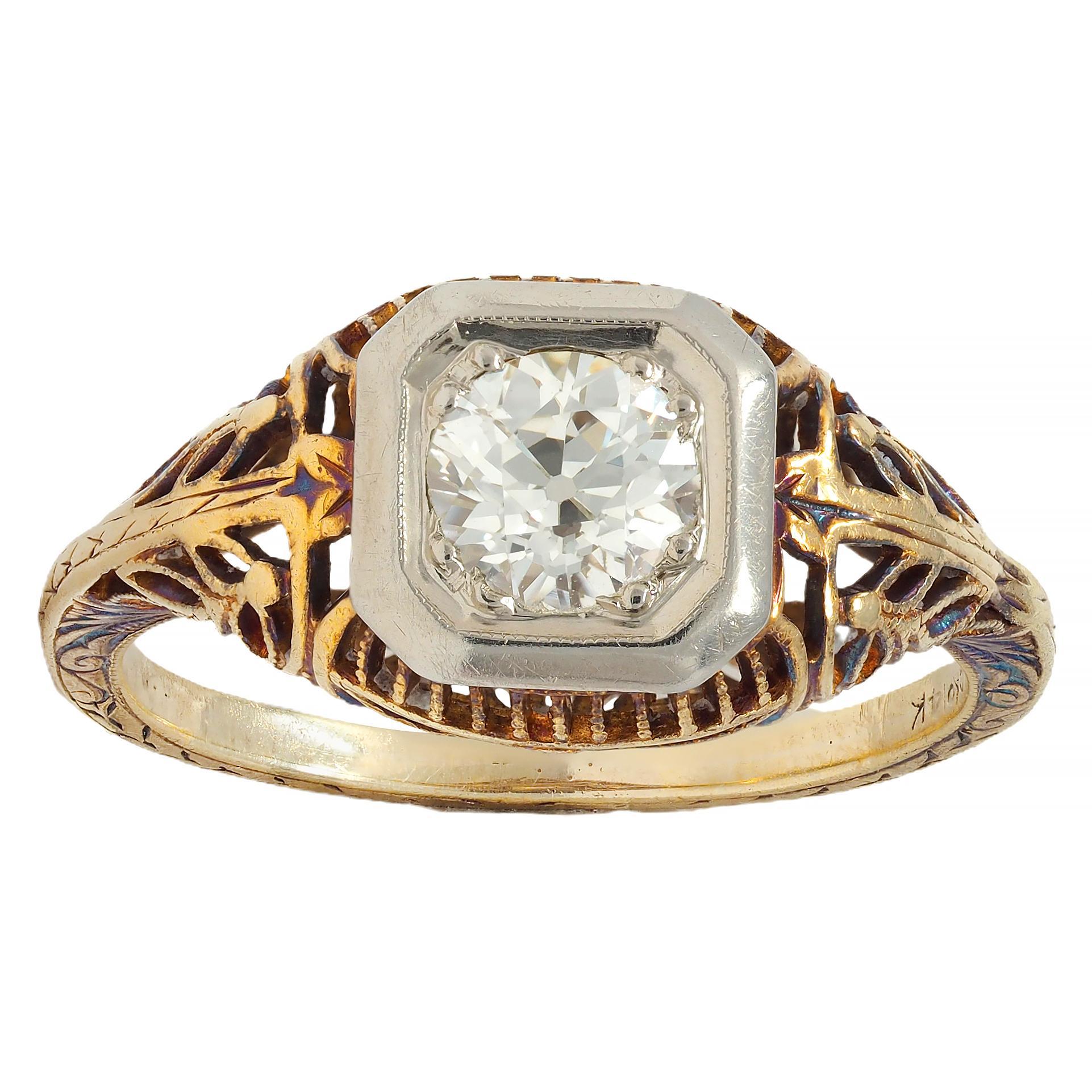 Edwardian 0.55 CTW Diamond 14 Karat Gold Antique Foliate Engagement Ring For Sale 4