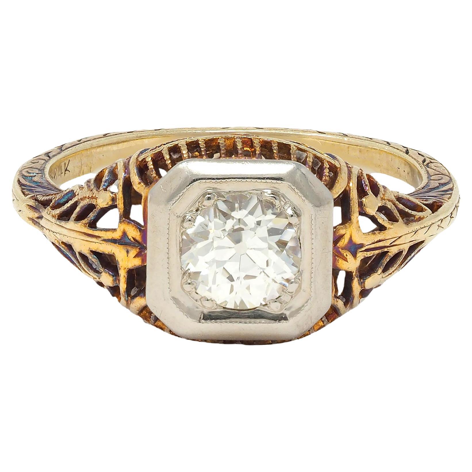 Edwardian 0.55 CTW Diamond 14 Karat Gold Antique Foliate Engagement Ring