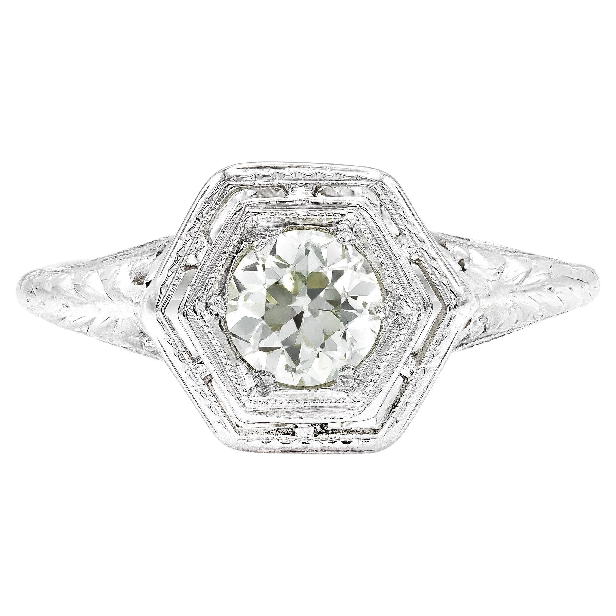 Edwardian 0.58 Ct. Solitaire Filigree Ring in 18k White Gold For Sale