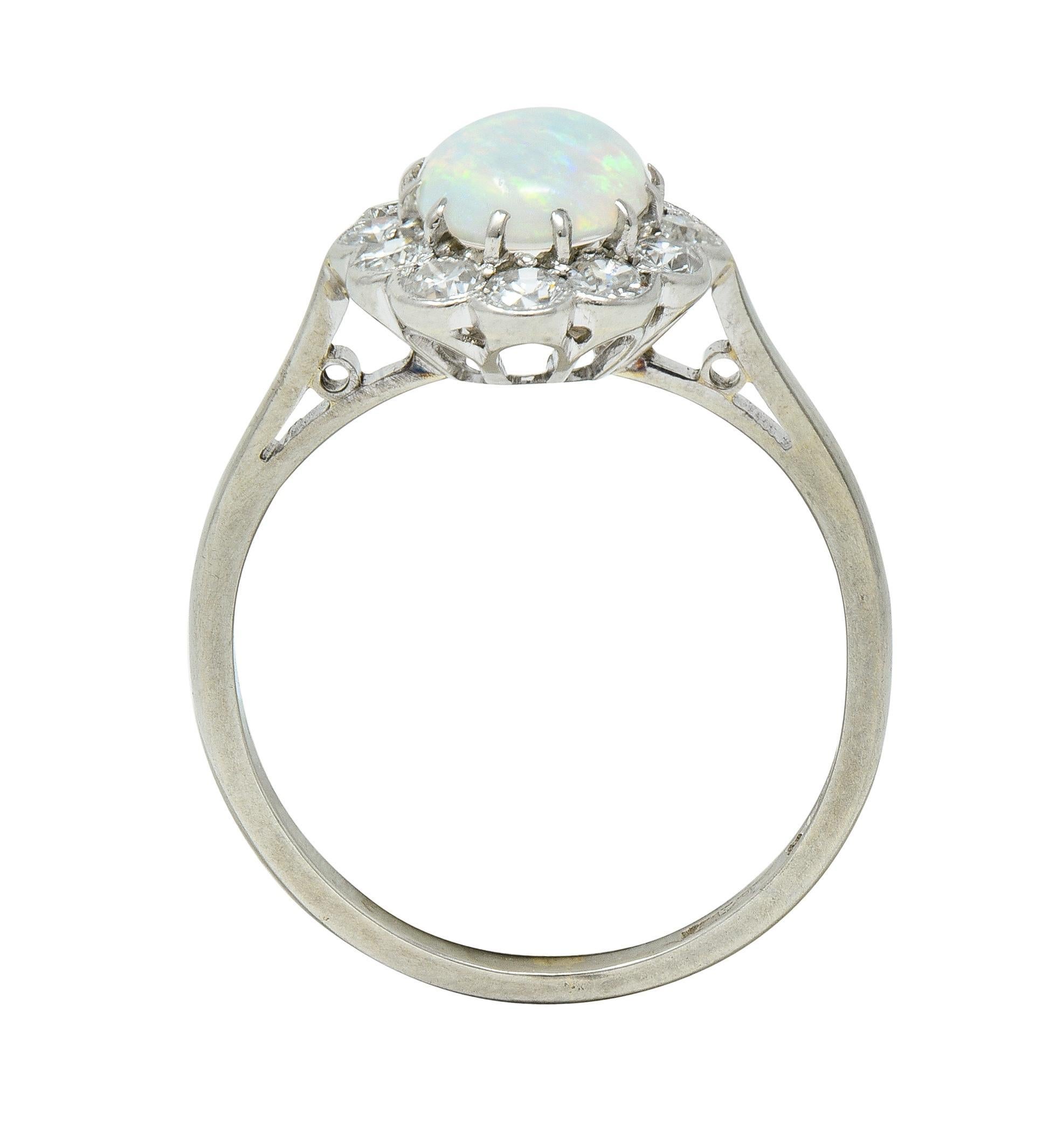 Edwardian 0.60 CTW Opal Diamond Platinum 18 Karat Gold Antique Halo Ring For Sale 1